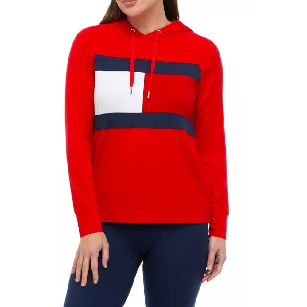 new Sz XL Tommy Hilfiger Sport Women's Lightweight RED LongSleeve Hooded T-Shirt